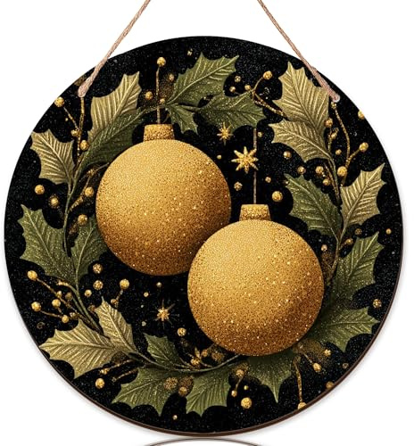 Ornamenti dorati Cartello di benvenuto per porta d'ingresso, Natale festivo foglie di agrifoglio bacche Natale oro decorazioni per porte in legno da appendere cartello nuovo casa anteriore portico
