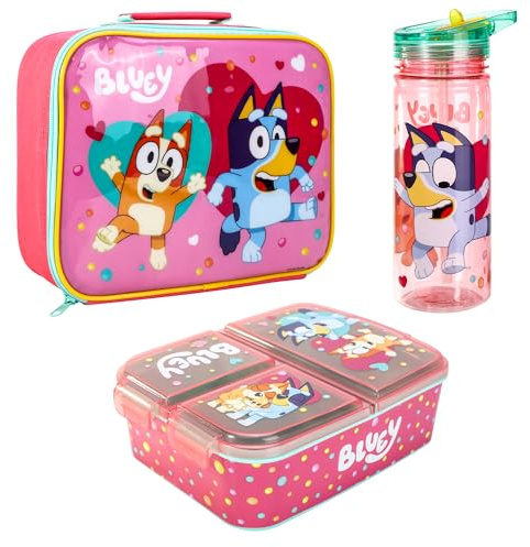 Zawadi Global Bluey Kids Childrens Lunch Box Set – Insulated Lunch Bag, Multicompartment Lunch Box & 580ml Water Bottle - School Travel Lunch Food Set, BPA Free
