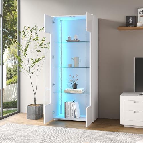 DUlVBPE 70 * 40 * 173cm Wohnzimmervitrine,Vitrine mit 2 Acryltüren,Hochglanzvitrine mit LED-Lichtleiste,Tragender Schrank aus gehärtetem Glas,Wohnzimmer breiter Schrank, Hochschrank,MDF, weiß