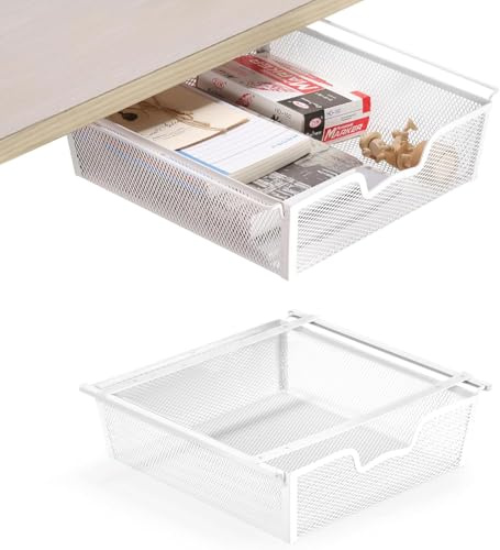 Lot de 2 organiseurs de bureau, tiroir sous table, grande capacité, tiroir en métal, boîte de rangement cachée pour bureau, maison, école, blanc