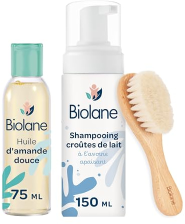 BIOLANE - Coffret Soin Croûtes de lait - Huile d'amande douce, Shampooing croûtes de lait et brosse à poils doux - Nettoie, Apaise, Elimine - Dès la naissance - Peaux sensibles - Fabriqué en France