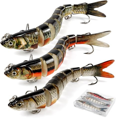 Swimbait Wobbler - Cebo articulado de 8 segmentos de hundimiento lento con trillizos, cebo artificial realista para lucio, lucioperca y perca, cebo para peces depredadores para agua dulce y salada