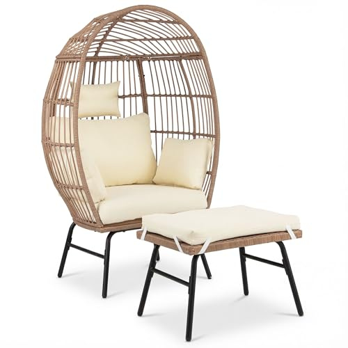 COSTWAY Korbsessel Rattan mit Hocker, Gartensessel mit Kissen und Metallgestell, Rattansessel, Loungesessel für Balkon, Garten, Wohnzimmer, Terrasse, Beige