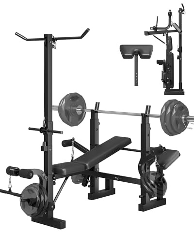 Garvee Hantelbank mit Latzug & Beinstrecker, Multifunktionale Kraftstation für Home Gym, Verstellbare Trainingsbank aus Karbonstahl, Klappbare Drückerbank für Ganzkörpertraining, Schwarz