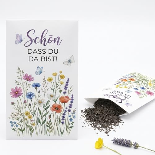 50 Stück Schön dass du da bist Samentüten selbstklebend – Blumensamen Geschenktüten mit Aquarell-Blumen Motiv–Kleine Papiertüten für Gastgeschenke Hochzeit, Taufe, Geburtstag–Saatgut Umschläge (A)