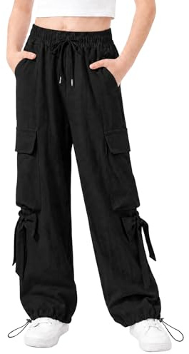 JiAmy - Pantaloni cargo da ragazza, ampi, con coulisse elastica a fiocco, gamba larga, traspiranti, stile Y2K, pantaloni jogger estivi casual per danza, scuola, gioco, 5-14 anni, Nero , 11-12 Anni