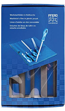 PFERD TOOLS Werkstattfeilen-Set in PVC-Rolltasche mit Umkarton, 5 Feilen, Kreuzhieb H2, 200mm, 11801532 - für universelle Schrupp- und Schlichtarbeiten geeignet