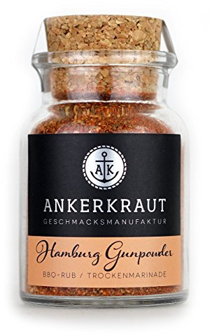 Ankerkraut Hamburg Gunpowder, BBQ Rub Gewürz, unser Haus-Rub als Marinade für Fleisch, Allrounder für Gemüse Geflügel und Schwein, Inspiration zum Kochen Grillen, 90g im Korkenglas