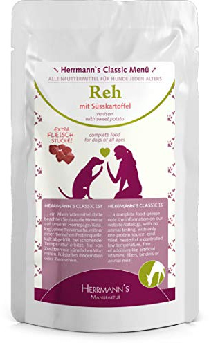 Herrmanns Reh Menu 1 mit Bio-Süsskartoffeln, Bio-Beeren, Bio-Nachtkerzenöl 130g Hundefutter, 12er Pack (12 x 130g)