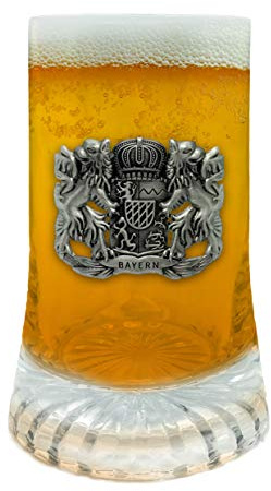 Beer Glass German Bayern Metal Medallion Bar Gifts for Men Glass Mug by E.H.G. | .5 Liter