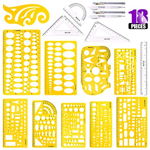Swpeet 18Pcs Plastic Yellow Geometric Drawings Templates Kit, 10 Different Geometric Measuring Drawings Templates Stencils with 2Pcs Pencil and 5Pcs Measuring Ruler for Drawing Engineering Drafting