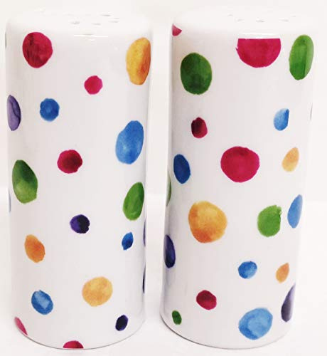 Polka Dot Painted Effect Salt & Pepper Round Porcelain Multi Colour Ceramic Cruet Set Hand Decorated in UK