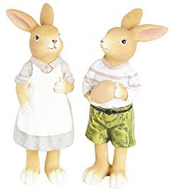 HEITMANN DECO Keramik Hase und Häsin - Dekofiguren Hasen-Paar, Osterhasen - Osterdeko, Frühling - 2er Set - Braun, Weiß, Grau, Grün, ca. 5 x 4,5 x 12 cm
