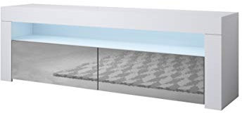 MB Muebles Bonitos | Mueble TV con LED | Mueble TV para Salón Comedor Moderno | Ancho 140 x Alto 50,5 x Profundo 35cm | Aparador TV | Color Blanco y Gris | Acabado Brillo | 2 Puertas | Modelo Aker