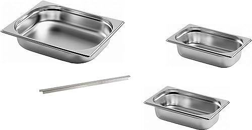 Gastro-Bedarf-Gutheil 3 x Gastronormbehälter, 2 x GN Behälter 1/4 + GN Behälter 1/2 65 mm tief stapelbar Edelstahl incl. Steg geeignet für Chafing Dish, Bain Marie, Dampfgarer, Saladette
