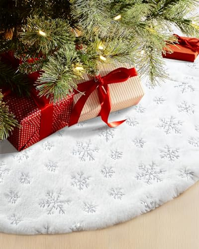 COOLWUFAN 122CM Weihnachtsbaumdecke für Weihnachtsbaum Urlaub Party Dekorationen Weiß Plüsch Silber Pailletten Schneeflocke