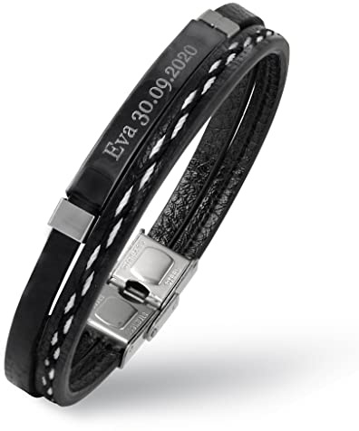 Hanessa Personalisiertes Armband mit Gravur für Männer und Frauen Edelstahl Leder schwarz weiß schwarz Länge 21 cm | Personalisierte Armbänder mit Namen Herren Damen