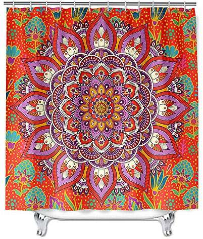 Mandala Duschvorhang Wasserdicht, Chickw1 Waschbar Badewanne Vorhang aus Polyester, Bad Vorhang mit 12 Duschvorhangringen, Duschvorhänge für Badezimmer Decor (Orange,180x200cm)