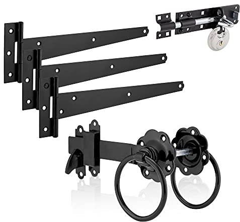 XFORT Black Ring Latch Set with T-Hinges, Brenton Bolt & Discus Padlock, Heavy-Duty Garden Fittings for Hanging Wooden Gates, Complete Set with Ring Latch, T Hinges & Padbolt Lock