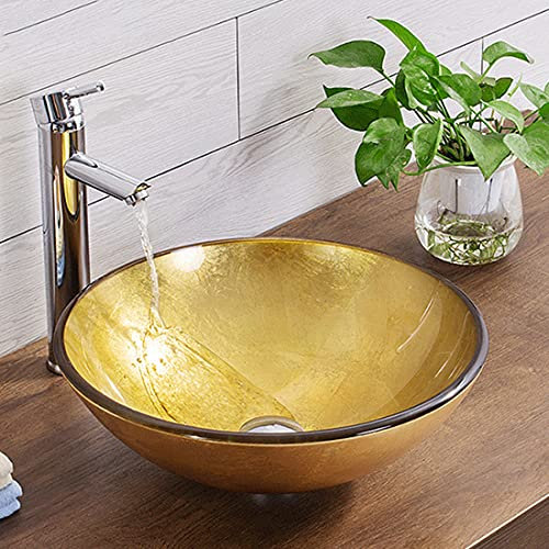 XYEJL Modern Gold Rund Gehärtetes Glas Aufsatzwaschbecken Waschbecken Klein Mini Handwaschbecken Mit Ablaufgarnitur Für Gäste Wc Bad