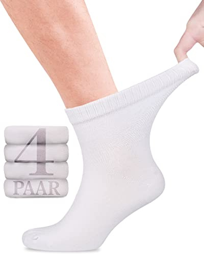 Fiera Besa Calcetines diabéticos de bambú con licra para hombres: hasta el tobillo, sin costuras en la base de las uñas de los pies, 4 pares, Blanco, 43-46