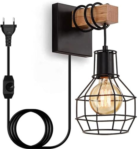 Applique da Parete Interno in Legno Vintage, E27 Lampada da Parete Dimmerabile con Spina e Interruttore, Retro Lampada a Muro Industriale Metallo per Camera da Letto, Soggiorno, Nero (Senza Lampadina)