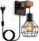 Applique da Parete Interno in Legno Vintage, E27 Lampada da Parete Dimmerabile con Spina e Interruttore, Retro Lampada a Muro Industriale Metallo per Camera da Letto, Soggiorno, Nero (Senza Lampadina)