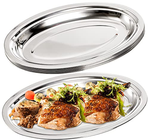 Suwimut 6 Pack Stainless Steel Oval Platter, Heavy Duty Mirror Polish Large Sizzling Platter Serving Tray Fish Plate for Steaming Fish Dessert Meat Sushi, 14-Inch by 8.7-Inch, Silver