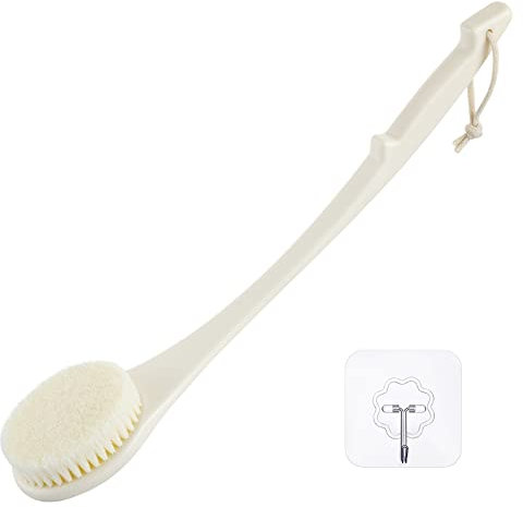 Body Brush Back Scrubber, 17 in Never Mold Back Brush Long Handle for Shower, Exfoliating Brush Dry Brushing Body Brush for Men Women Elderly Deep Exfoliation Soft Glowing Skin (Cream White)