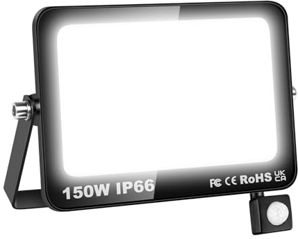 AUXTINGS 150W LED-strålkastare Utomhus PIR-rörelsesensor, 15000LM Utomhus LED-säkerhetsljus, vit 6000K Ljuslampa för Warehouse Garage Stadium Bakgård, 175V-260V IP66