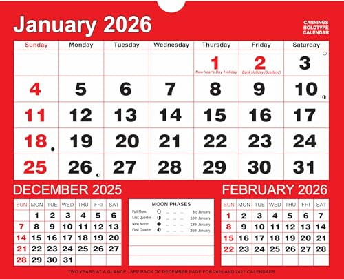 Cannings Bold-Type Red and Black Three Months to View Calendar 2026