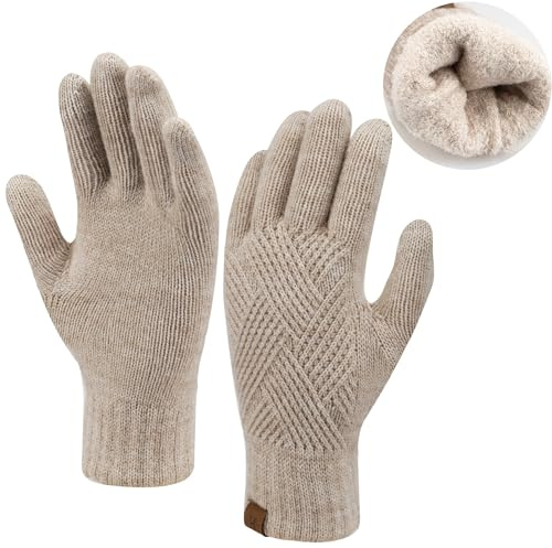 Bequemer Laden Mujer Invierno Guantes Caliente de Punto Guantes Tactiles con Forro Polar Térmico de Doble para Tiempo Frío, Caqui