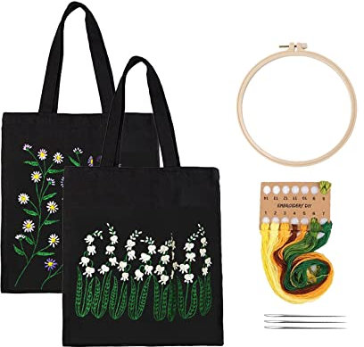 JOJOCY 2er-Set Stickset, Segeltuch-Tragetasche mit Mustern, personalisierte Leinentasche, Kreuzstich-Set, Handstickerei-Set für Erwachsene und Anfänger mit Stickmustern