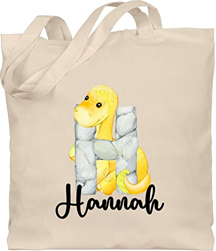 Baumwolltasche - Initialen - Dino Dinos Dinosaurier Anfangsbuchstabe - Unisize - Naturweiß - namens geschenke buchstaben kinder stoffbeutel wechselwäsche beutel kita buchstabe einkaufstasche