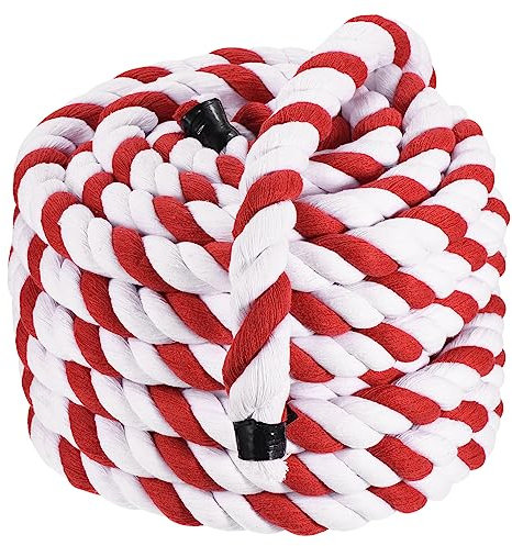 PATIKIL 1 Inch x 50 Feet Natural Twisted Cotton Rope 3 Strand Strong Thick Cotton Rope Tug of War Rope for Railings Crafts Games Home Decor, Red White