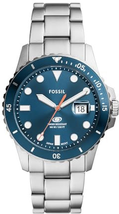Fossil Orologio subacqueo blu da uomo, movimento al quarzo con data a tre lancette e cinturino in acciaio inossidabile o in pelle, 42 mm, Blu e argento
