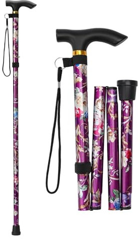Bastón plegable con mango en T, altura ajustable para personas mayores, discapacitados, hombres y mujeres – Bastón en negro (flor morada)