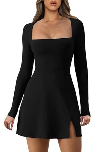 Btofellin Robe pour femme, col carré, corsage à manches longues, taille haute, fendue sur le côté, mini robes évasées, tenues de cocktail, de club, de fête, Noir , M