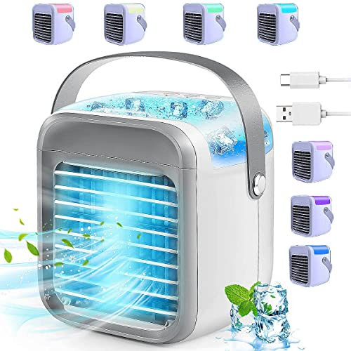 Portable, Rechargeable Evaporative Air Conditioner Fan with 3 Speeds 7 Colors, 3 in 1 with Water Tank, Cordless Personal with Handle for Home, Office and Room