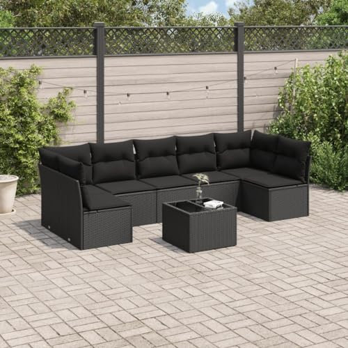 ULUYYUC 8-TLG. Garten-Sofagarnitur, Gästebett Schlafsofa Fußhocker Eckbankgruppe Geeignet für Hinterhof Garten Balkon Außenbereich mit Kissen Schwarz Poly Rattan
