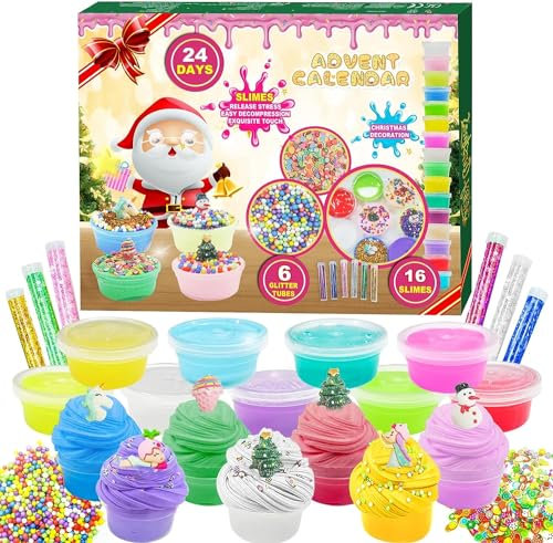 Schleim Adventskalender 2025 Kinder für Jungen und Mädchen, 24 Tage Countdown-Adventskalender Fluffy Kristall Slime Kinder Spielzeug Weihnachtsüberraschungen Geschenk