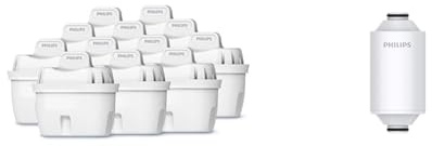 Philips Water Wasserfilter-Kartuschen, 12er-Pack, Brita-kompatibel & Duschfilterkartusche, entfernt Chlor und Verunreinigungen, Filtrationskapazität: 50.000 l