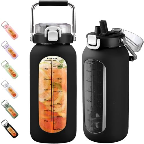 BLUEGO 2000ml Borosilicate Glass Water Bottle with Stainless Handle and Time Marker 2L Drinking Bottle with Silicone Sleeve and Straw for Gym Office Outdoor Sports Water Bottles BPA Free, Black