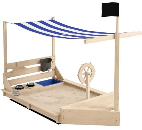 Outsunny Sandkasten 180x103 cm Kinder Sandbox mit Abdeckung Holz Naturholz | Sandkiste Mit Sitzbänken, für Outdoor Garten Terrasse Balkon