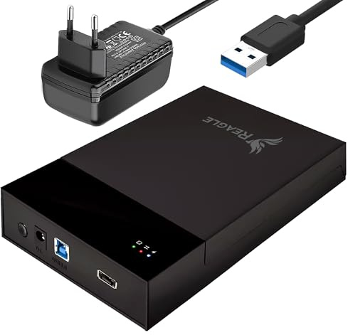 Reagle Externt hårddiskhölje – USB 3.2 Gen 1, 5 Gbps, 10 TB kapacitet, för 3,5 tum och 2,5 tums HDD/SSD, verktygsfri montering, Windows/Mac OS/Linux-kompatibel