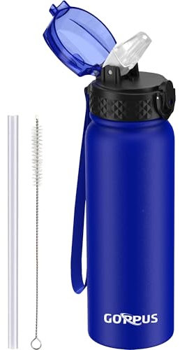 GOPPUS Borraccia in acciaio inox da 600 ml, con cannuccia, isolamento a doppia parete, con cinghia, riutilizzabile, sottovuoto, a prova di perdite, mantiene le bevande fredde, con coperchio