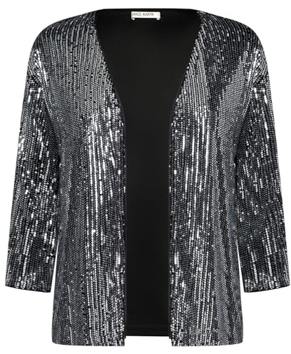 GRACE KARIN Ladies Autumn Casual Short Open Cardigans Boleros Long Sleeve Shawl Lapel Sparkly Cardigan Sweater Silver on Black XL