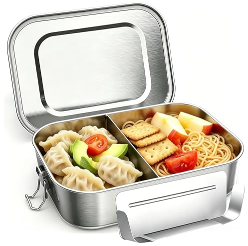 PCXWTLN Stainless Steel Lunch Box, 850ml Bento Box with 1 Removable Compartments, Eco-Friendly Metal Lunch Box, Food Storage Containers, Leak-Proof and Dishwasher Safe (850ml + 1 Compartments)