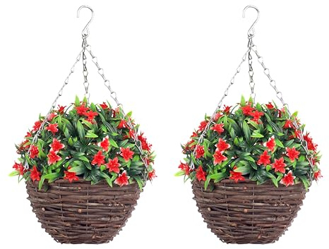 Pair of Best Artificial Lily Hanging Basket Topiary Ball - Suitable for Outdoor Use - Weather & Fade Resistant (Red)