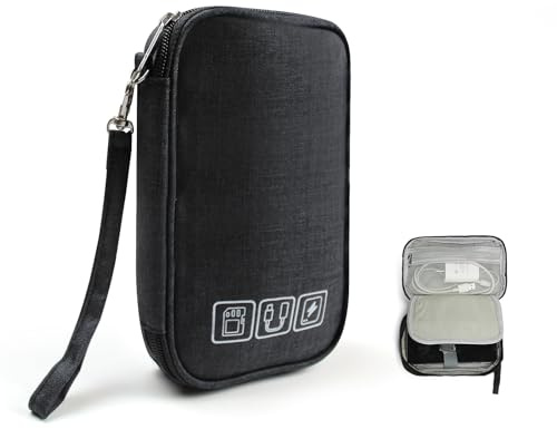 AfitLulu Borsa organizer per elettronica a 3 strati, borsa elettronica per cavi, portatile, organizer per cavi, borsa da viaggio, organizer con cinturino da polso per power bank USB (nero)